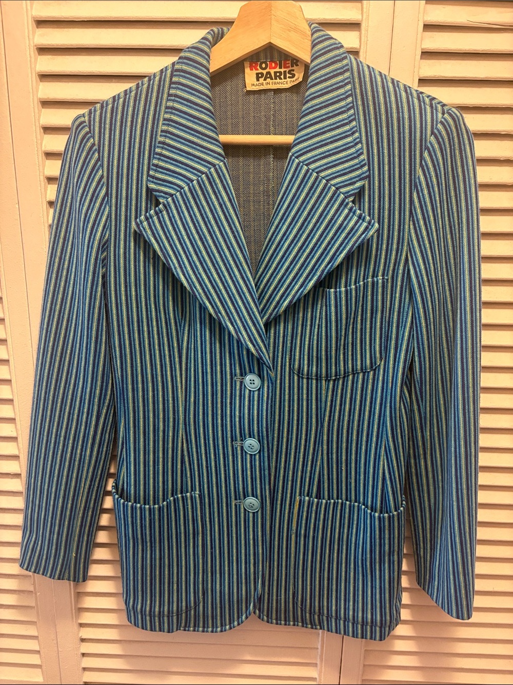 RODIER Striped Blue Multi-Color Single-Breasted Blazer 1970’s Paris Vintage